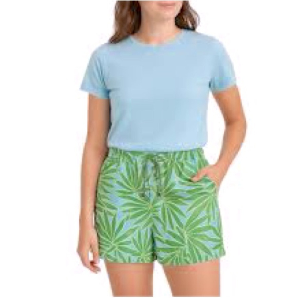 Sigrid Olsen 100% linen Green and blue palm Leaf Print drawstring Shorts medium